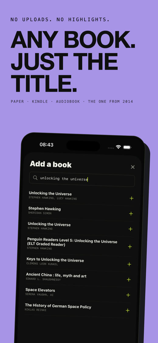 Adding a book to Kern by title only — works for paper books, Kindle and audiobooks, no uploads or highlights