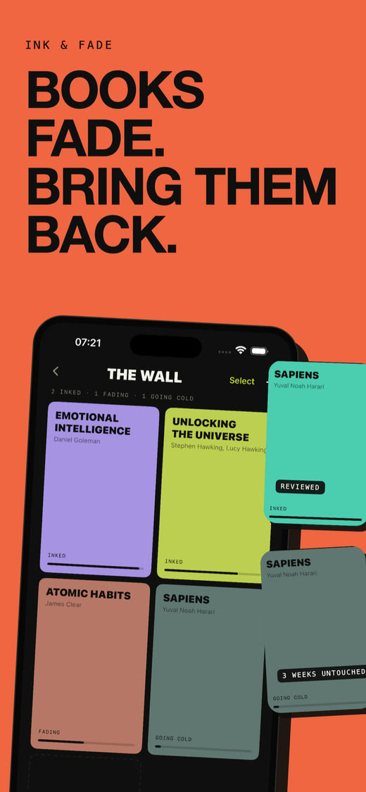 The Wall in Kern — book cards fade when you neglect them and stay inked when you review