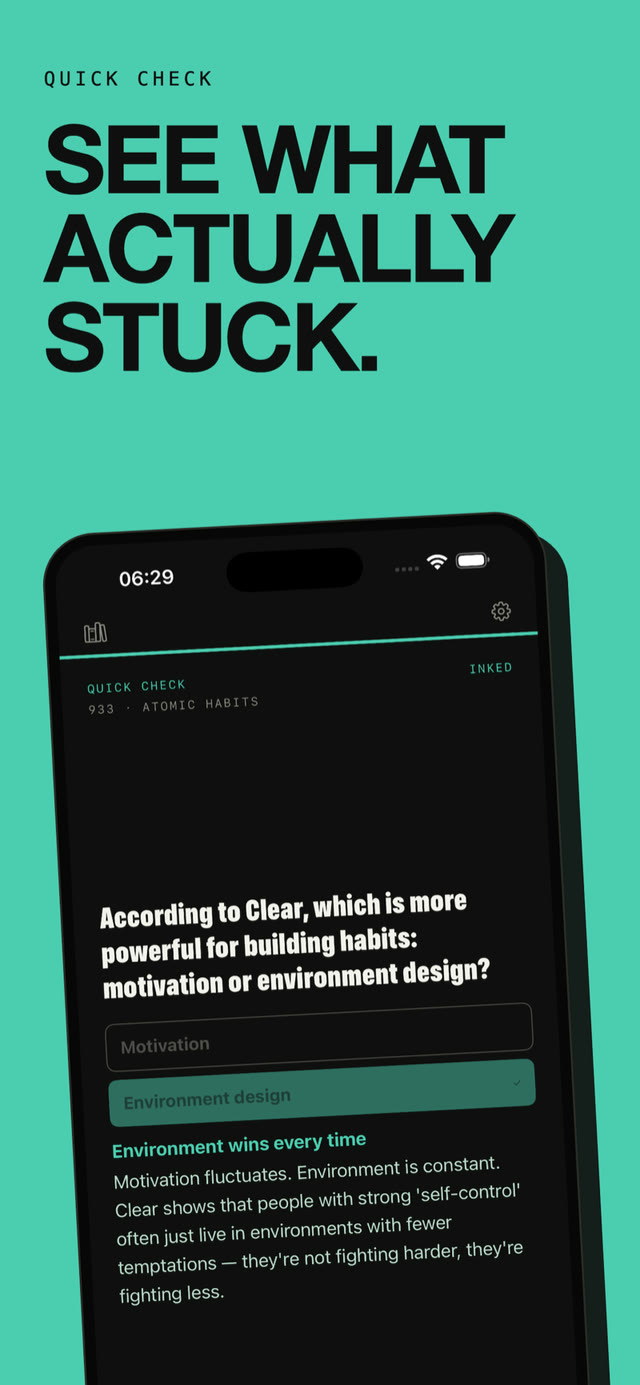 Quick Check card in Kern — an interactive spaced repetition question from Atomic Habits